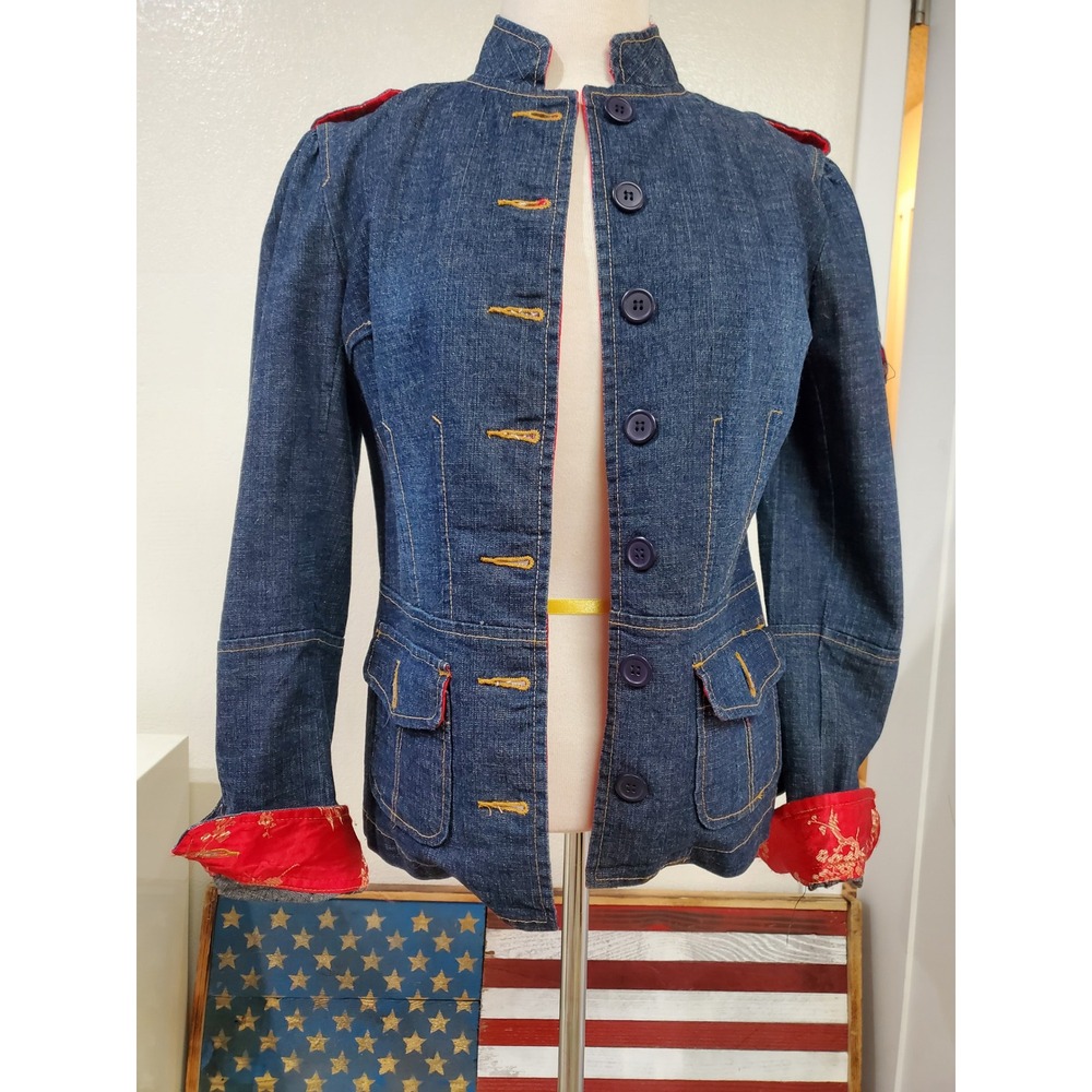 Womens Dark Wash Denim Military Jacket Red Embroidered Lining Blue